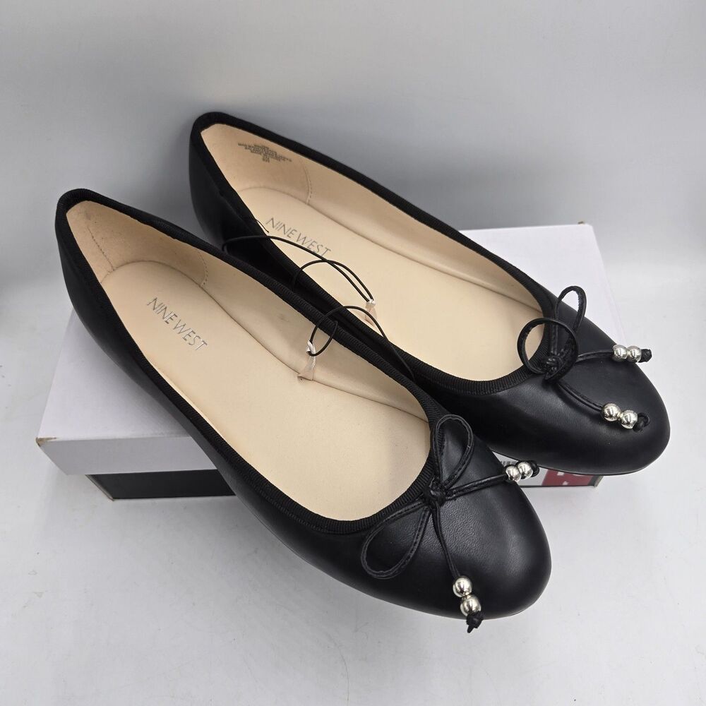 Nine West Ballet Flats Women’s 10 Black Bow Silver Bead Shoes New In Box Dainty